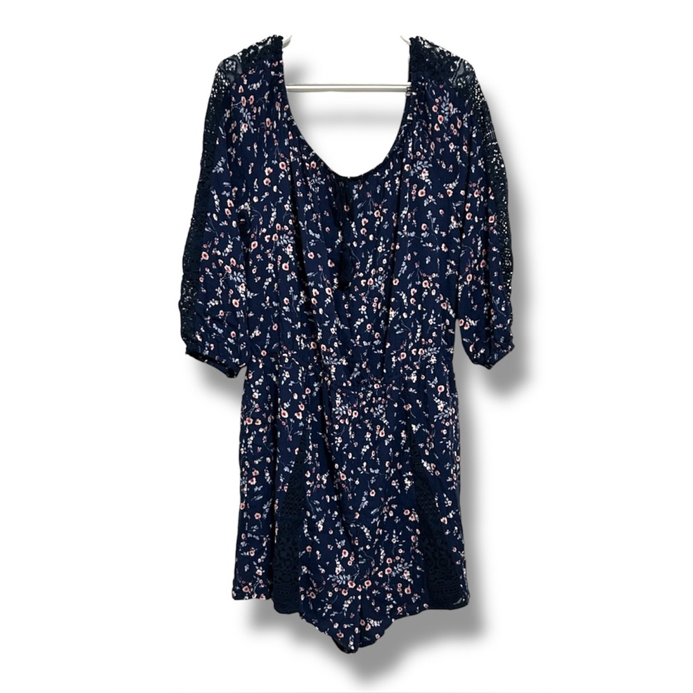Xhilaration Navy Blue Floral Romper XXL Lace Crochet Sleeve Boho Summer